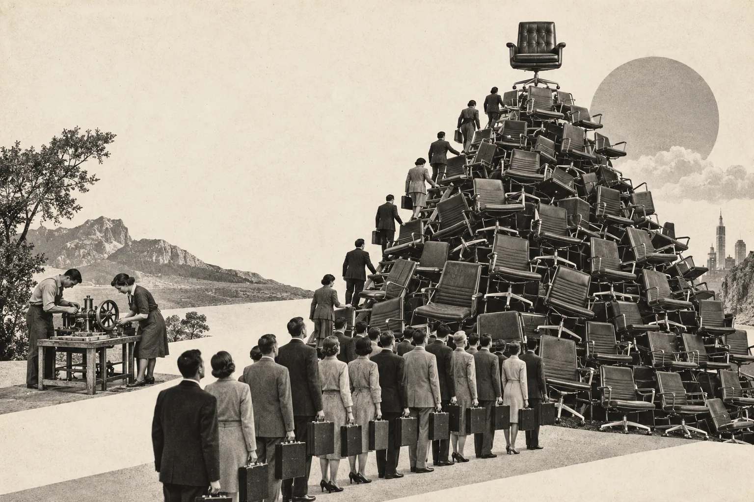 A retro photographic collage of a queue of professionals climbing an enormous pyramid of office chairs toward a single executive chair. Nearby, two makers work together at a small bench beneath a tree.