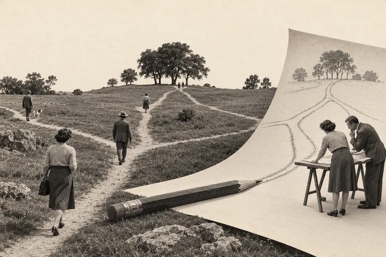 Well-worn footpaths become lines on an enormous curling plan as two colleagues study the routes people actually take.