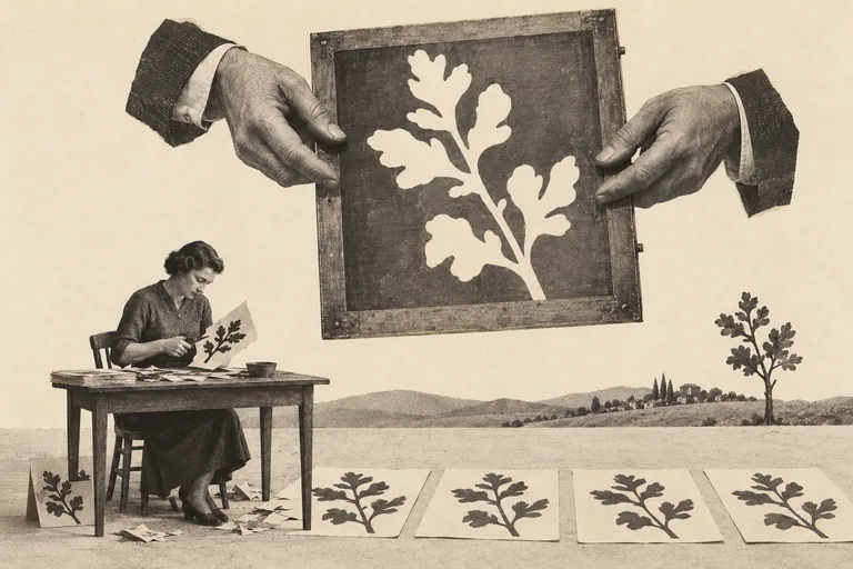 A printmaker cuts a botanical pattern while enormous hands hold its reusable stencil above a row of finished prints.