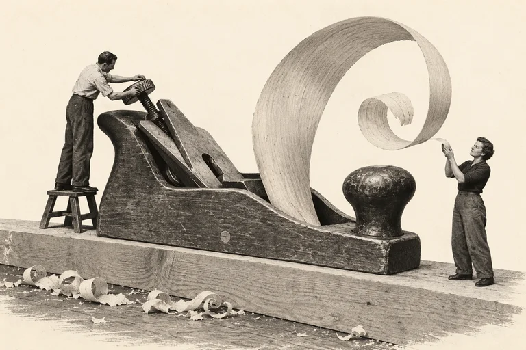 Two colleagues adjust an oversized carpenter’s plane and examine the long curl of wood it produces.