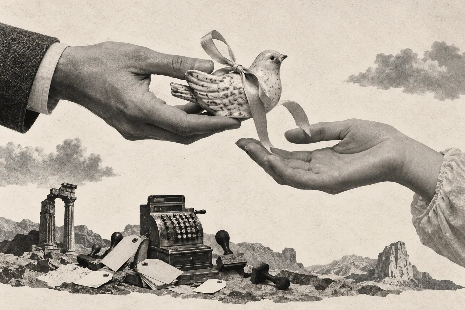 A retro photographic collage of two enormous hands passing a handmade ceramic bird tied with a ribbon. Below them, a cash register, rubber stamps and blank price tags sit abandoned among rocks and ruins.