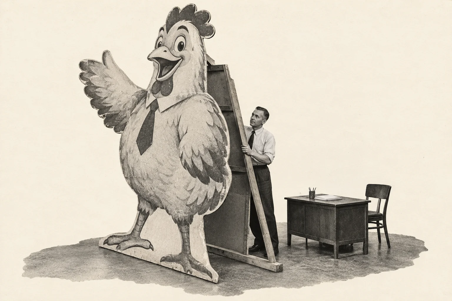 A retro photographic collage of an office worker holding up an enormous cardboard chicken mascot. The chicken smiles and raises a wing while its wooden braces remain visible. A small desk and empty chair stand beside the worker.