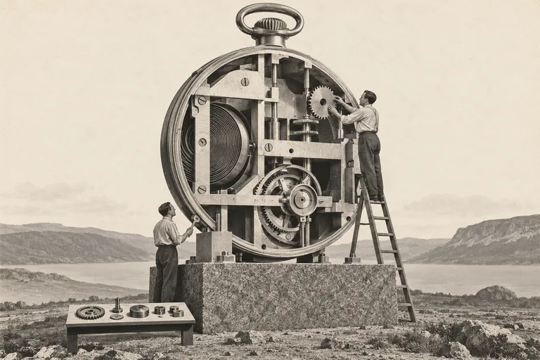Two engineers inspect and repair an enormous open pocket-watch mechanism, with spare parts laid out nearby.