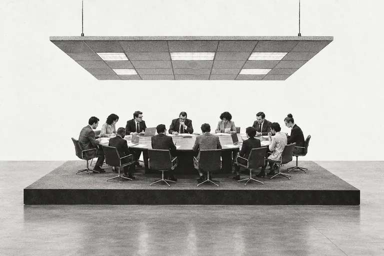 An ordinary office meeting isolated on a theatrical platform beneath a suspended fluorescent ceiling.