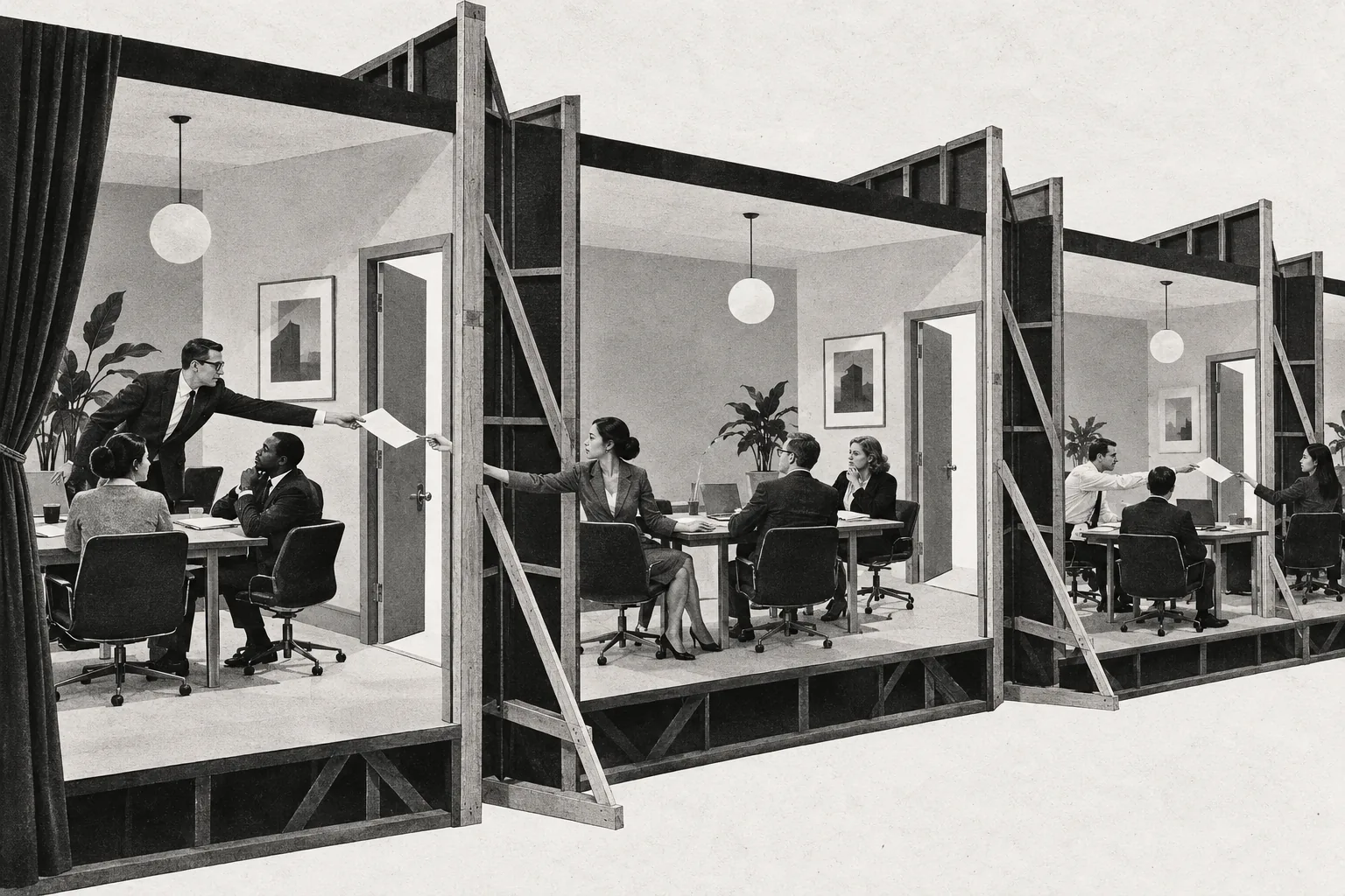 Three adjoining office sets in a theatrical cutaway. Each doorway leads to another meeting room, while workers pass paperwork between them.