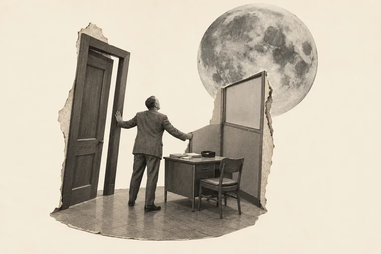 A suited man holds a detached doorframe and office partition beside a desk, with an enormous moon hanging above the open room.