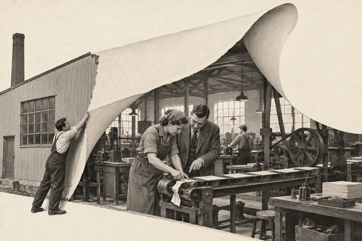 A retro photographic collage of a workshop whose outer wall peels back like a sheet of paper. A colleague holds it open while a worker and a person in a suit stand together examining a snag in a conveyor belt.