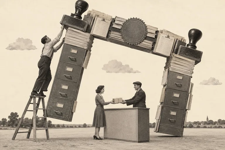 A worker lifts away a monumental doorway made of filing cabinets and paperwork while two people exchange a parcel beneath it.