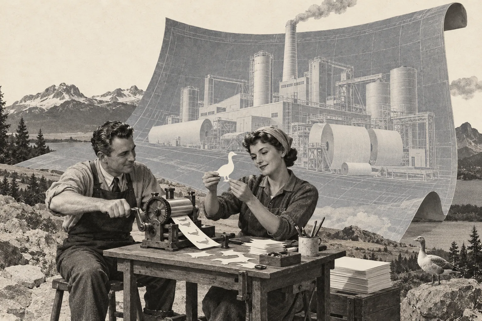 A retro photographic collage of two makers at a small outdoor workbench. One turns a hand-cranked machine while the other inspects a paper goose. Behind them, an enormous blueprint curls into the shape of an unbuilt factory.