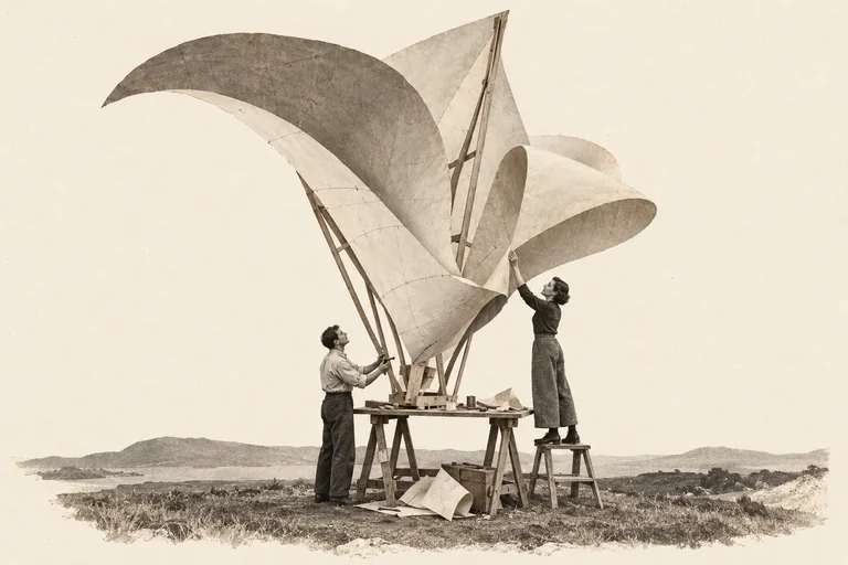 Two makers at a small workbench shape an enormous curved paper-and-wood sculpture.