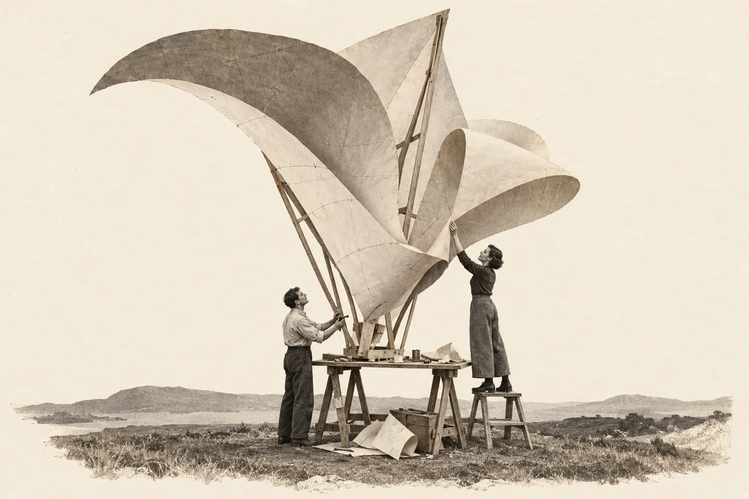 Two people assemble a towering, sail-like paper sculpture on exposed wooden ribs above a small workbench. One steadies a curved fold from a stool while the other adjusts the base.