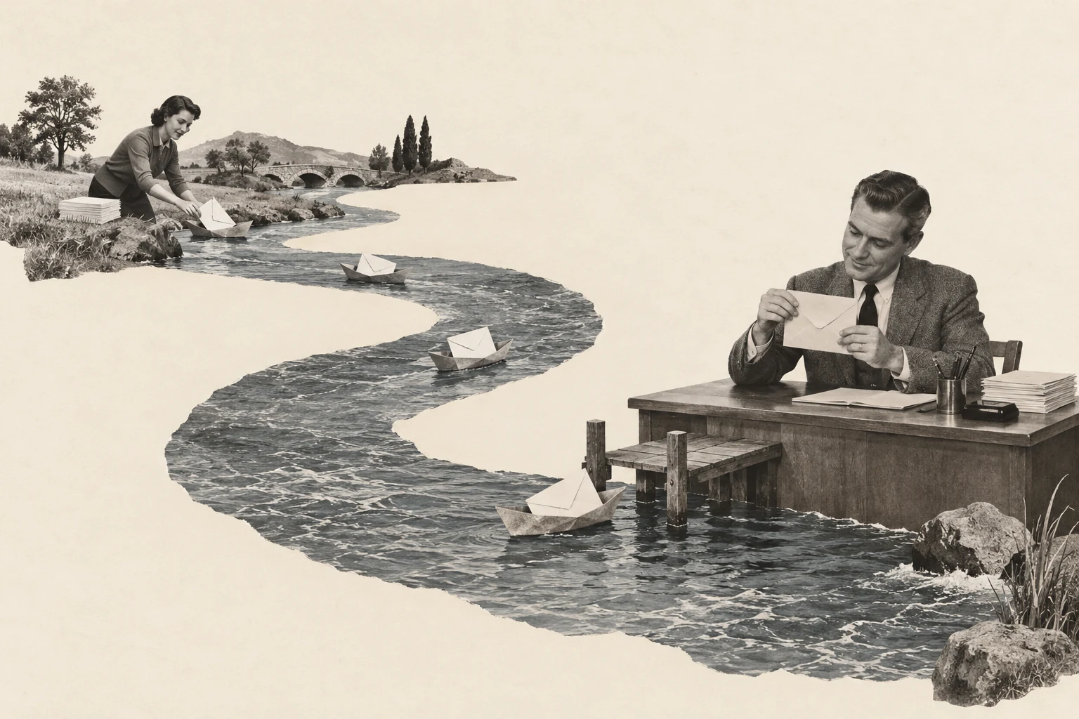 Paper boats carry envelopes along a winding river from one colleague to another, who reads at a desk beside a tiny landing stage.