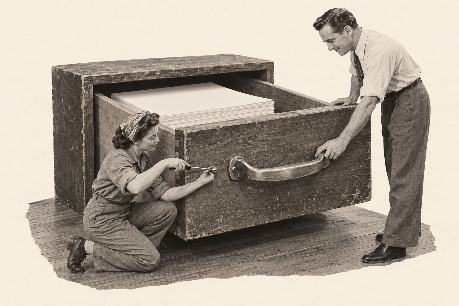 A craftswoman attaches a large metal handle to an enormous wooden drawer while a colleague tries opening it.