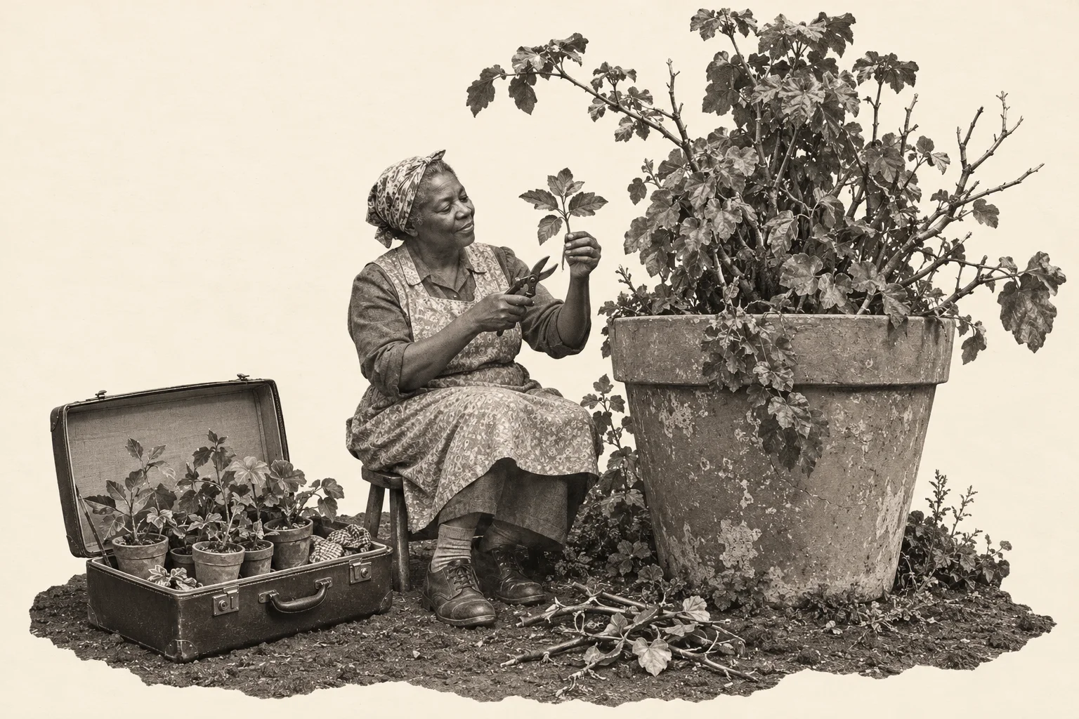 A gardener selects a cutting from a giant potted plant beside an open suitcase filled with small plants.
