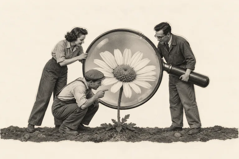 Three people share an enormous magnifying glass to take a closer look at a small daisy.