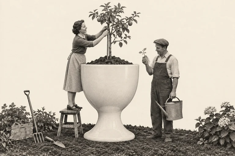 Two gardeners tend a young fruit tree growing in a giant porcelain eggcup, with a small rooted cutting ready nearby.