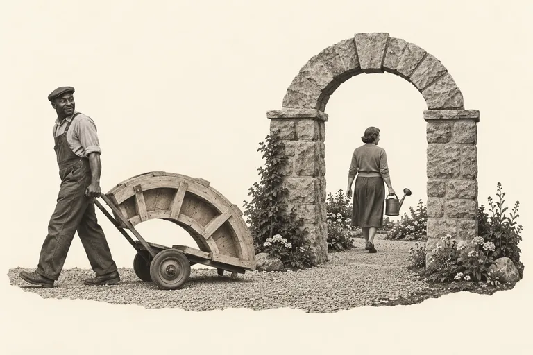 A worker wheels away the wooden support from a completed stone arch while a gardener walks through it with a watering can.