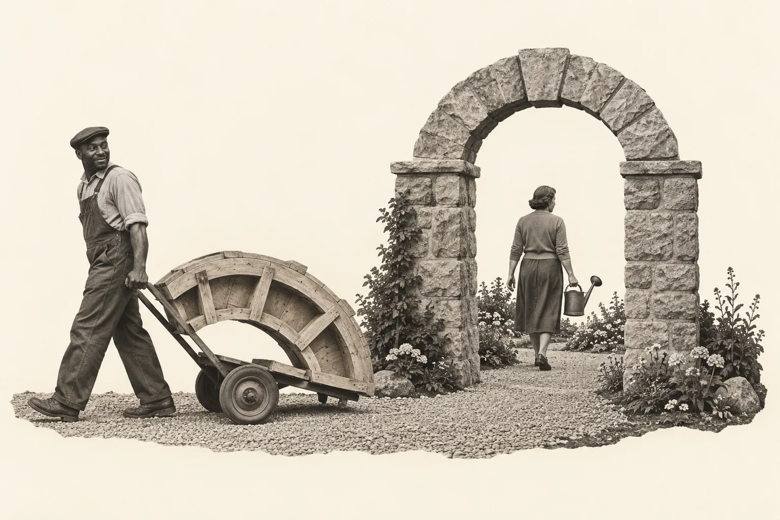 A worker wheels away the wooden support from a completed stone arch while a gardener walks through it with a watering can.