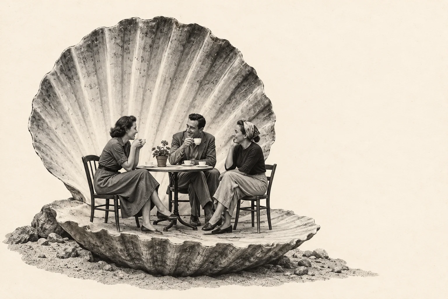 Three people sit around a cafe table sheltered inside an enormous open scallop shell.