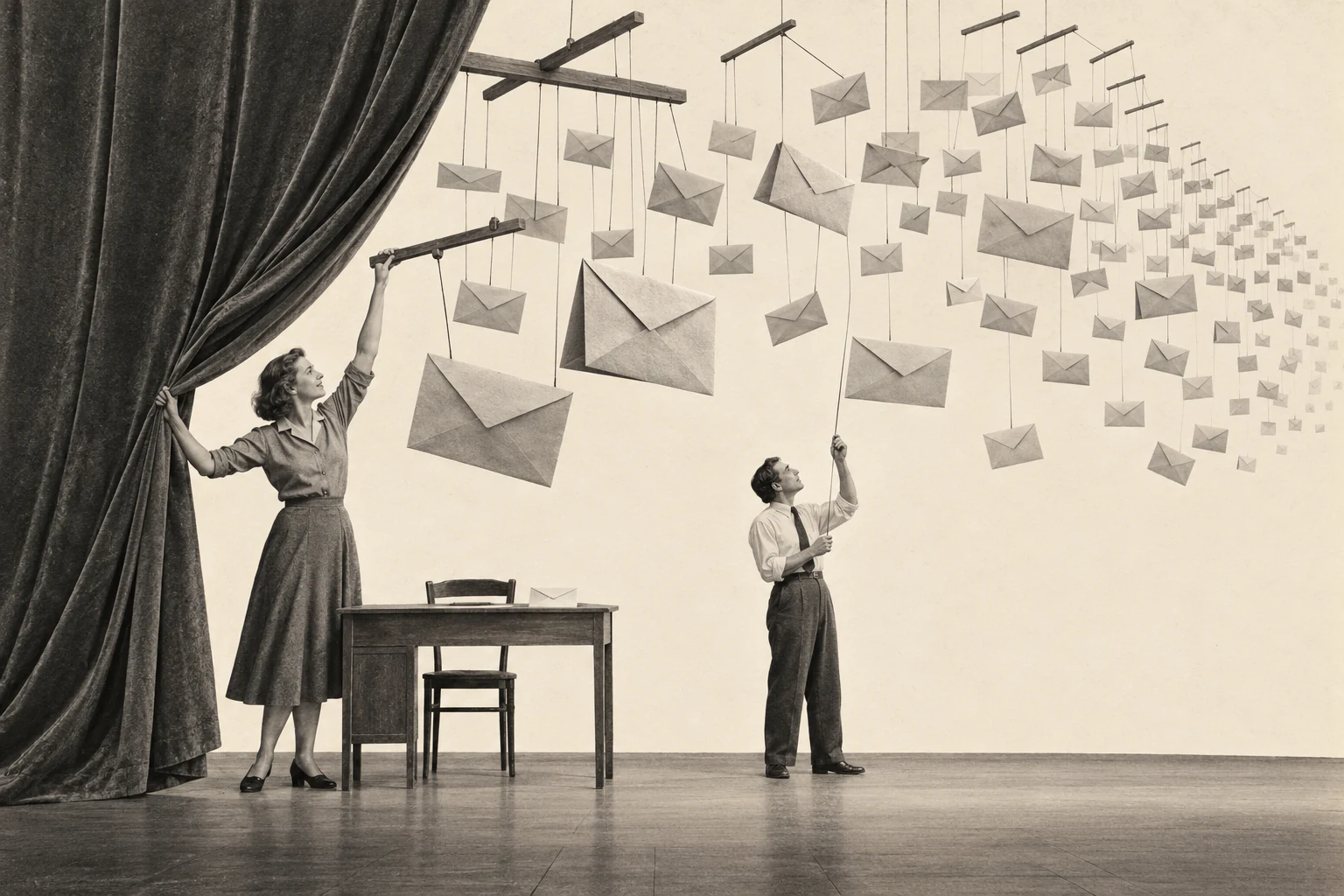 A woman draws back a theatre curtain to reveal envelopes suspended from wooden control bars, while a colleague adjusts one of their threads.