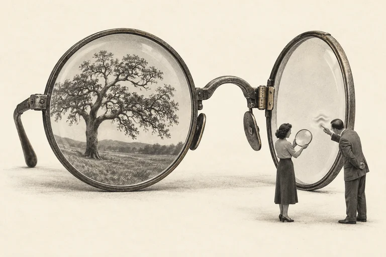 Two opticians examine the hinged lens of an enormous pair of spectacles, while a tree appears through the other lens.