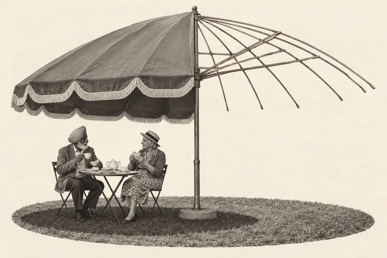 Two people enjoy lunch in the shade of a large parasol whose unused half still has exposed ribs.