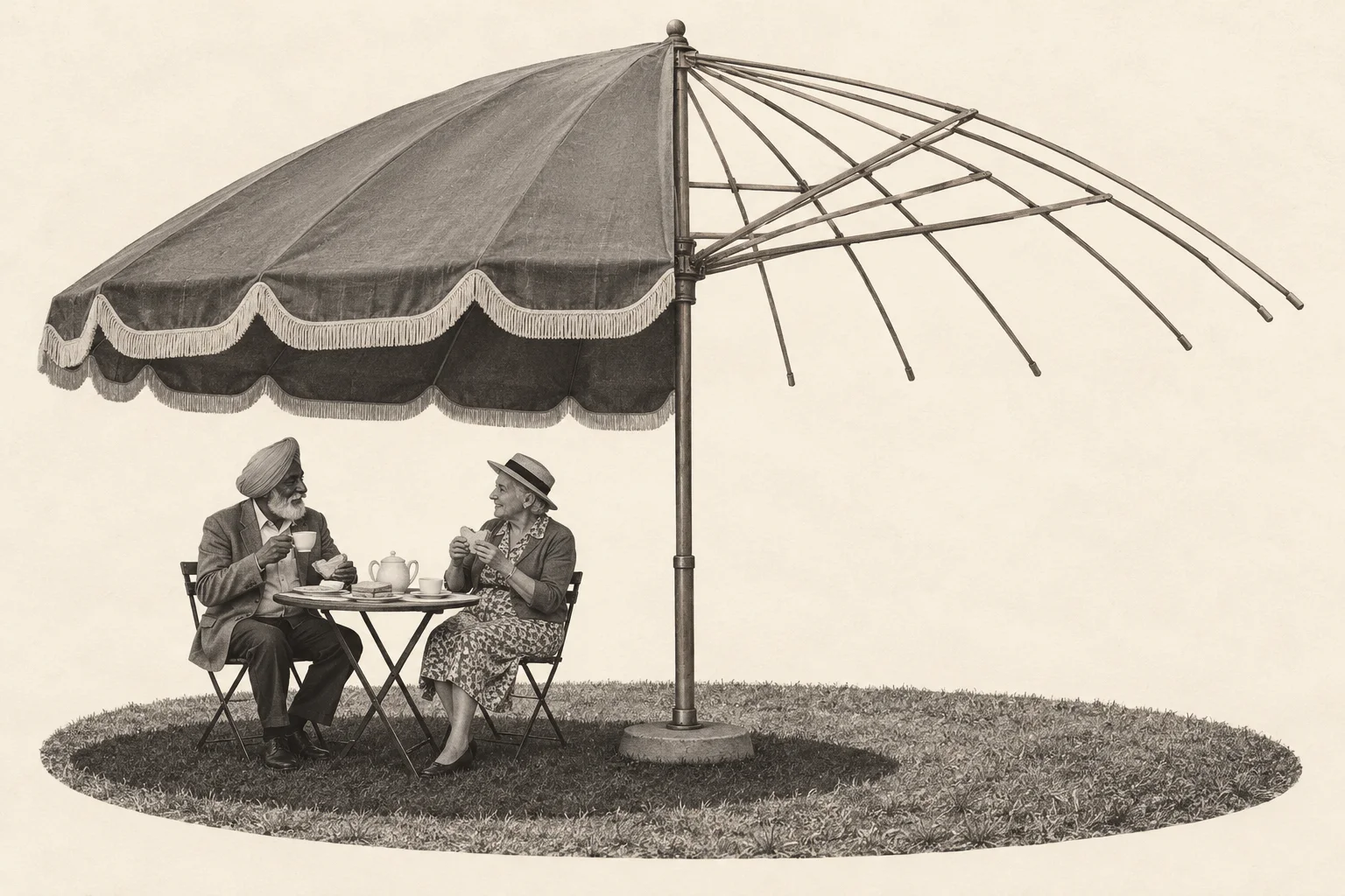 Two people enjoy lunch in the shade of a large parasol whose unused half still has exposed ribs.