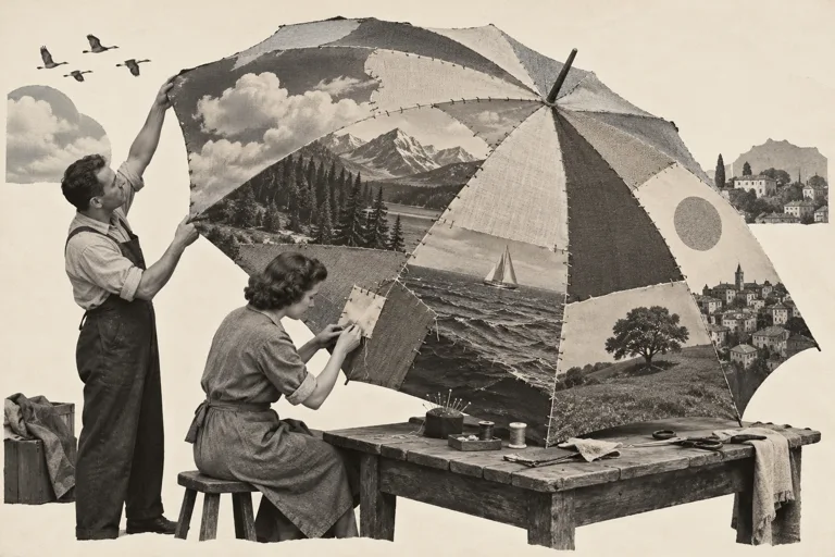 Two craftspeople examine and repair a panel of an enormous patchwork umbrella.