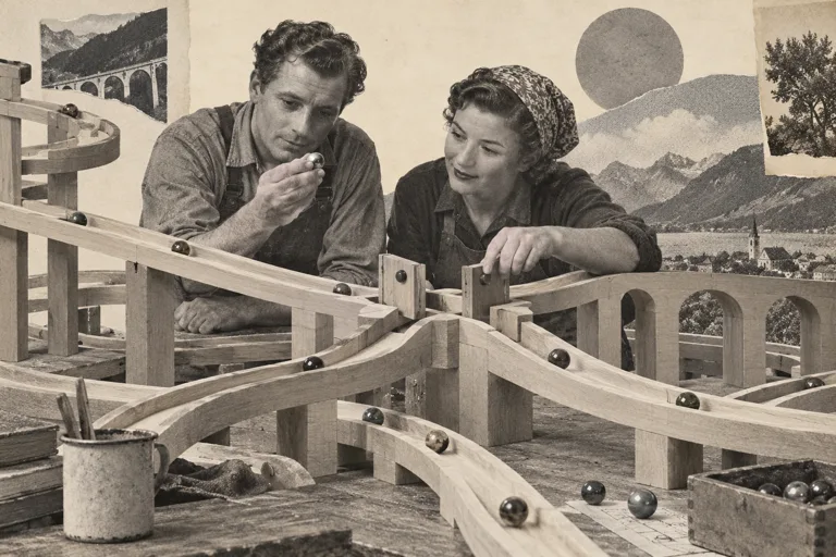Two makers inspect the open junctions of a wooden marble run.