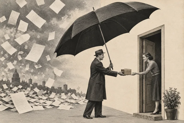Two people pass an unmarked parcel through a doorway sheltered from a rain of paperwork.