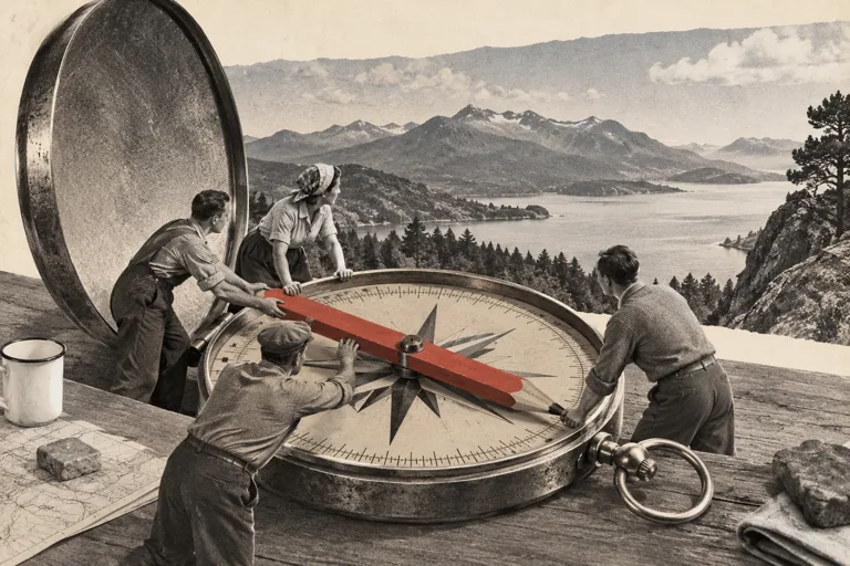 Makers adjust the pencil needle of an oversized compass while looking at the landscape.