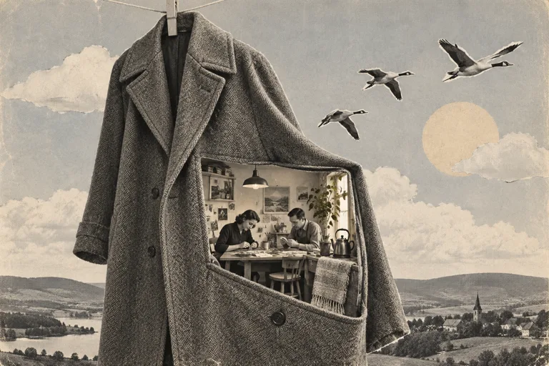A small sunny studio and two makers fit inside the pocket of an enormous overcoat.