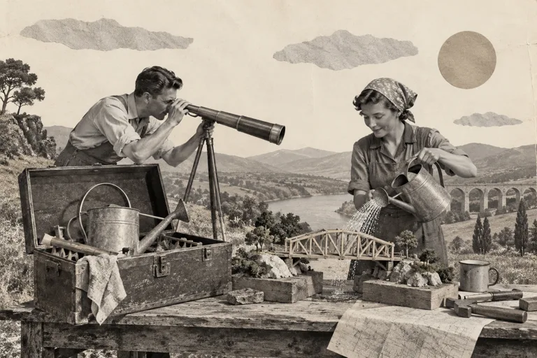 A telescope, watering can and model bridge share an open toolbox beside two makers.