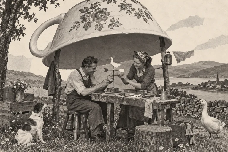 Two colleagues work under the shelter of an enormous overturned teacup.